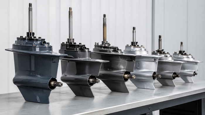 Row of Mercury outboard lower unit gearcases of different sizes for engine compatibility comparison