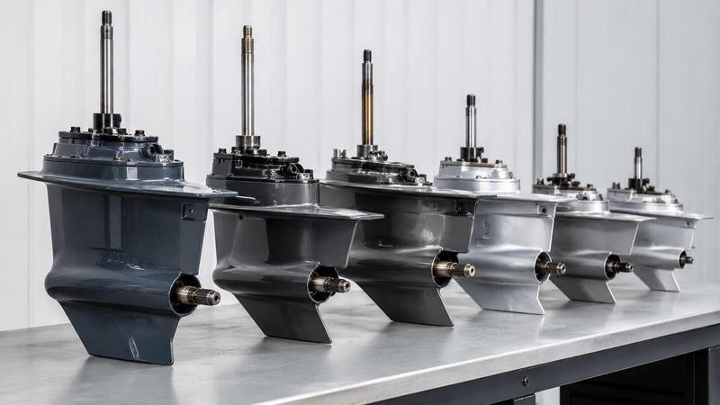 Row of Mercury outboard lower unit gearcases of different sizes for engine compatibility comparison