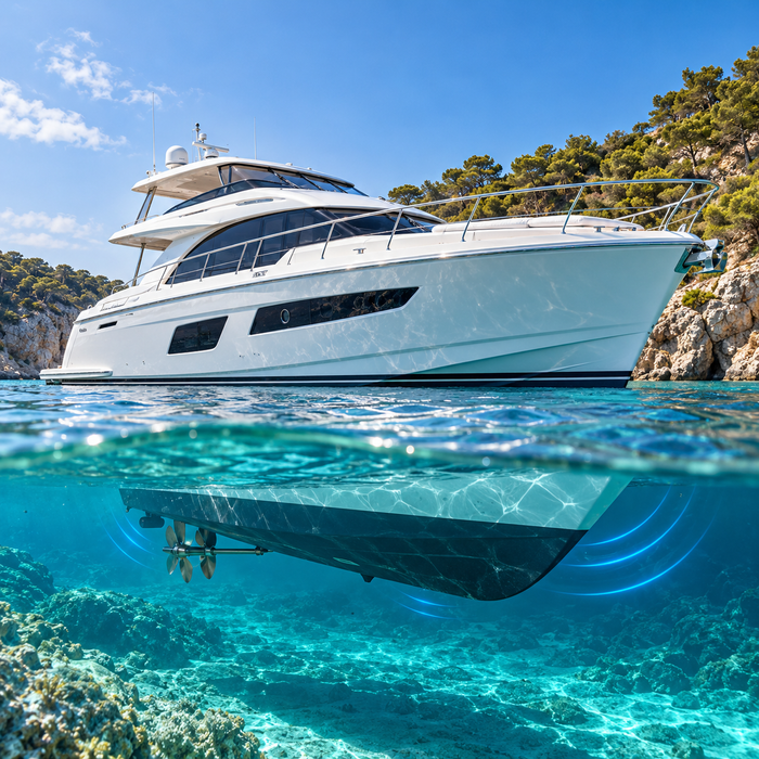 White motor yacht on clear coastal water with a view of its submerged hull and running gear