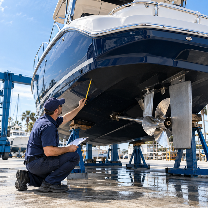 Marine technician assessing a hauled-out motorboat hull and stern running gear for installation planning
