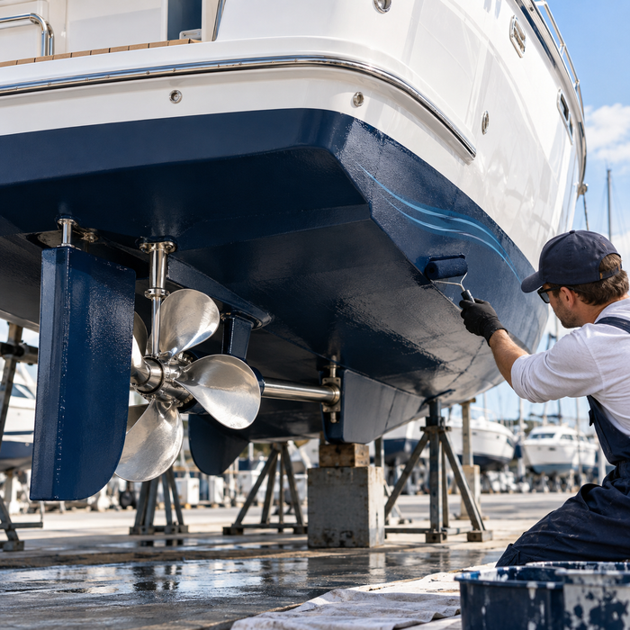 Technician applying navy bottom paint to a motorboat hull with a subtle blue ultrasonic protection illustration