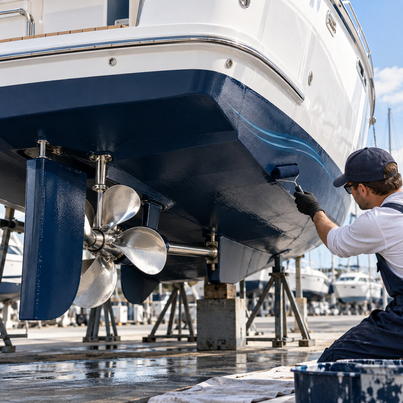 Technician applying navy bottom paint to a motorboat hull with a subtle blue ultrasonic protection illustration