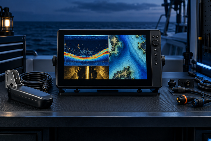 : Humminbird APEX 19 chartplotter with transom transducer and marine network connectors for package comparison