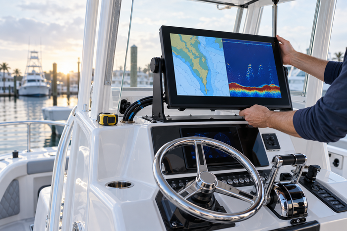Installer test-fitting a 19-inch marine chartplotter on a white fishing boat helm