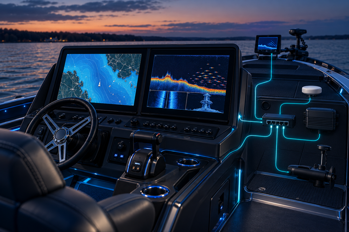 : Multi-display fishing boat helm connected to Ethernet, NMEA 2000 and compatible marine electronics