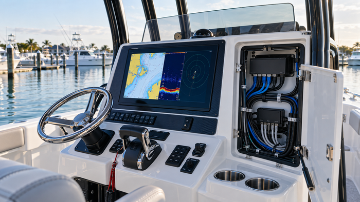 APEX 13 MEGA SI+ VX buying guide with marine chartplotter displaying side imaging and contour maps beside transducer and mounting accessories