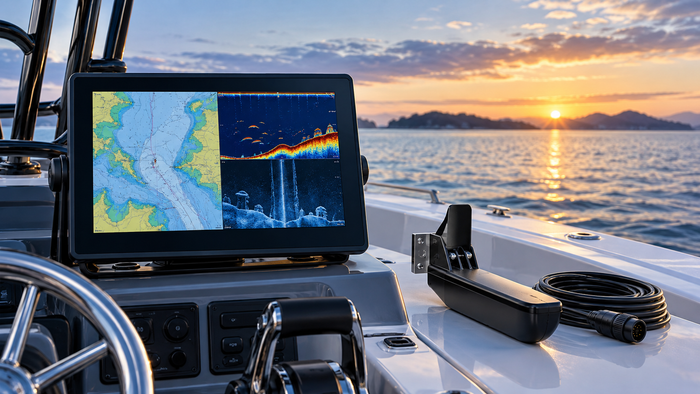 APEX 13 helm installation and network setup guide showing a large marine display and organized Ethernet, power and NMEA cabling