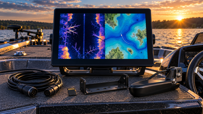 APEX 13 MEGA SI+ VX buying guide with marine chartplotter displaying side imaging and contour maps beside transducer and mounting accessories