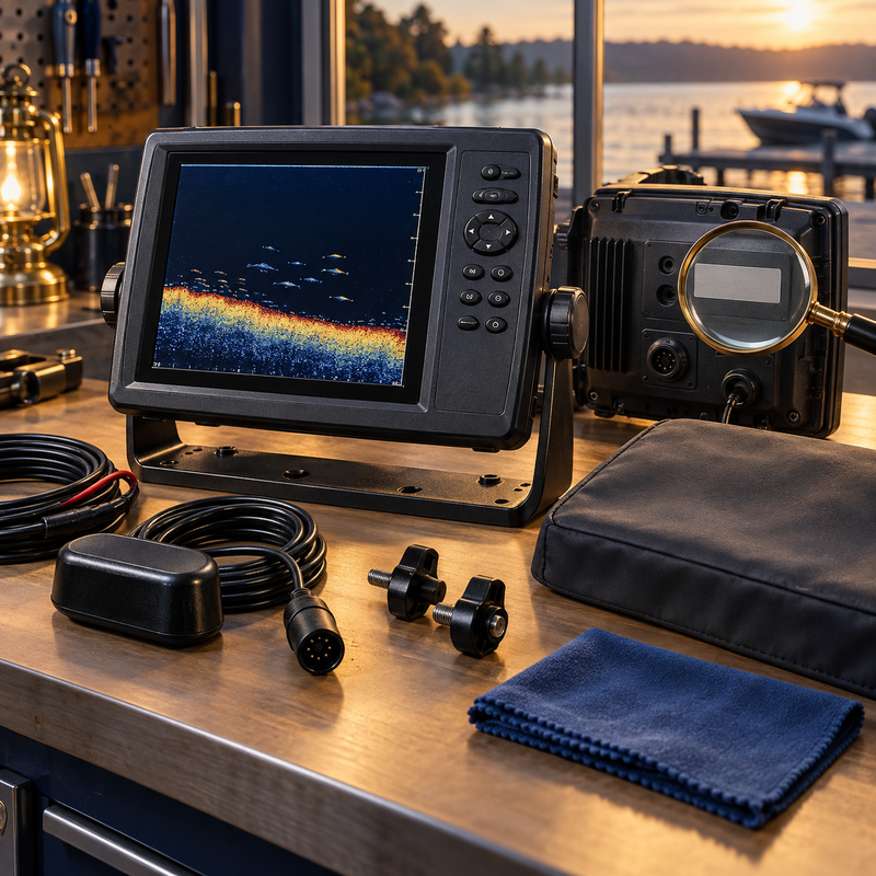 Legacy Humminbird fish finder inspected with mount, transducer and cables