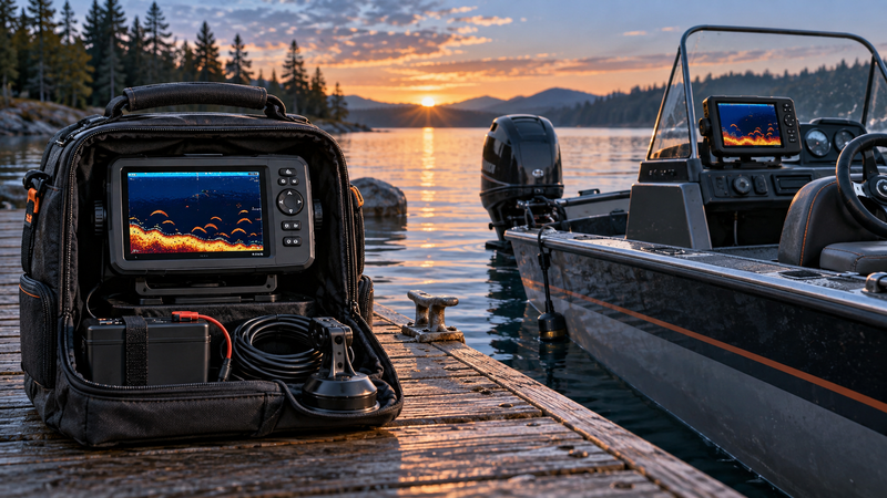 PiranhaMAX portable fish finder beside fixed boat installation