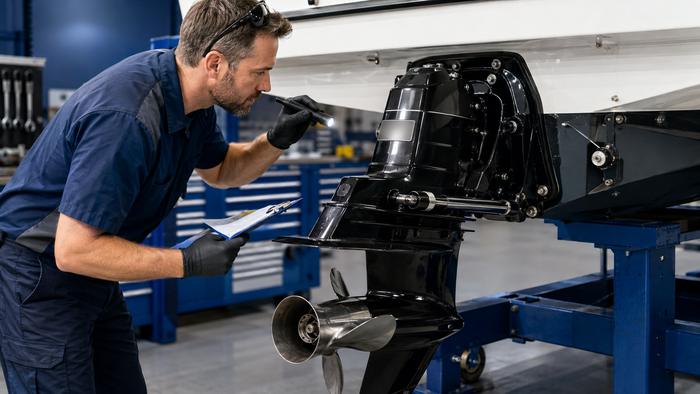 Marine technician inspecting the identification plate on a black Alpha One Gen II-style sterndrive