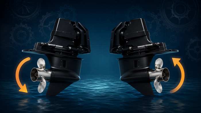 Two Alpha One Gen II-style sterndrives illustrating standard and counter propeller rotation