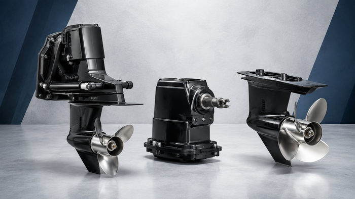 Complete Alpha One Gen I sterndrive compared with upper and lower units