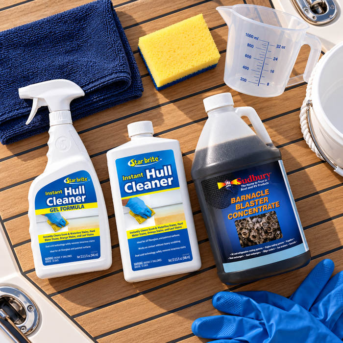 Star brite gel and liquid hull cleaners with Sudbury concentrate and boat-cleaning tools arranged on a teak deck.