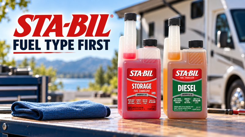 STA-BIL Storage fuel stabilizer and Fogging Oil beside a parked motorhome and generator