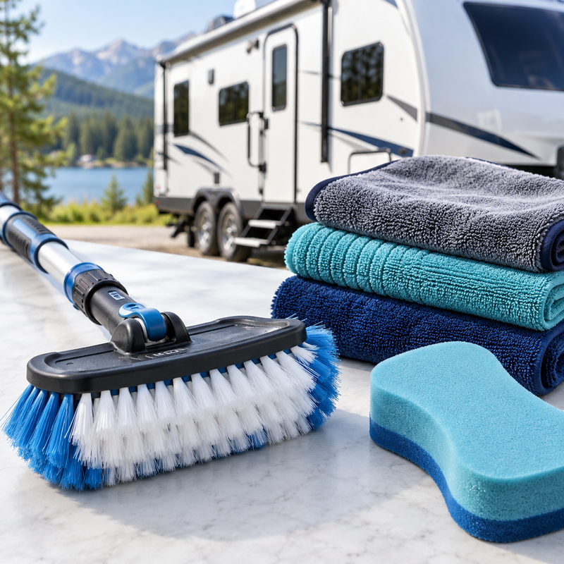 Black streaks on RV exterior siding during a cleaning task