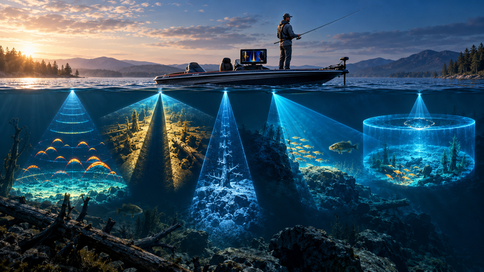 Humminbird sonar guide visualizing CHIRP, Side Imaging, Down Imaging, MEGA Live 2 and MEGA 360 underwater views