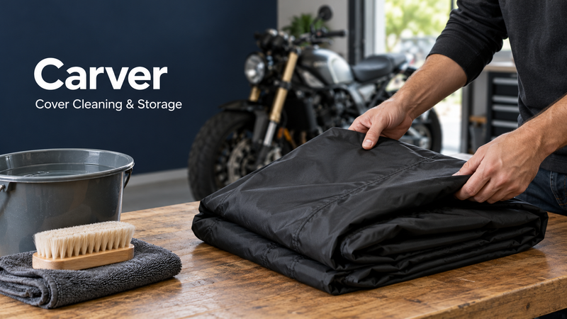 Hands folding a dry black vehicle cover on a garage workbench beside a brush and bucket, with Carver Cover Cleaning & Storage text.