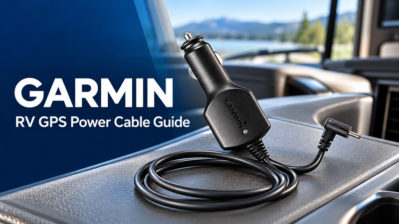 Garmin vehicle power adapter with coiled cable and right-angle connector on an RV console, with RV GPS Power Cable Guide text.