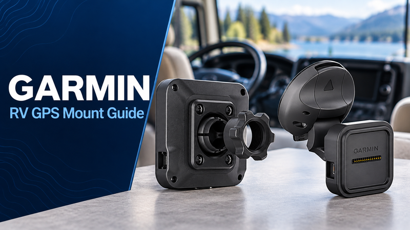 Garmin powered mounting components on a tabletop in an RV cockpit, with Garmin RV GPS Mount Guide text.