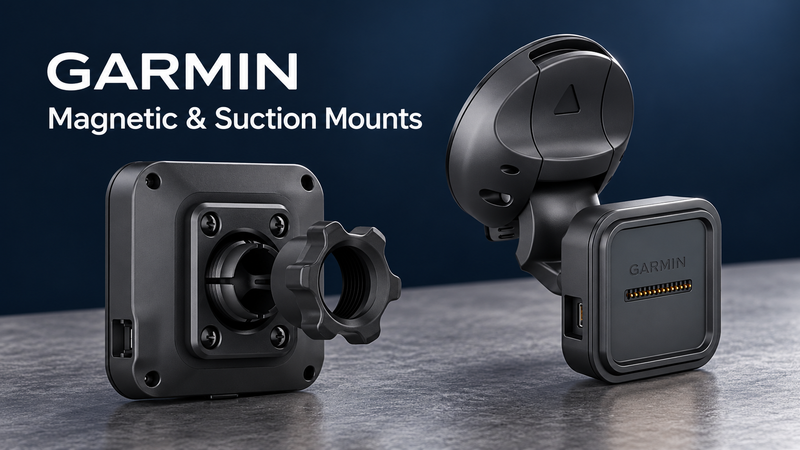 Garmin powered cradle beside a suction-cup and magnetic mounting assembly, with Magnetic and Suction Mounts text.