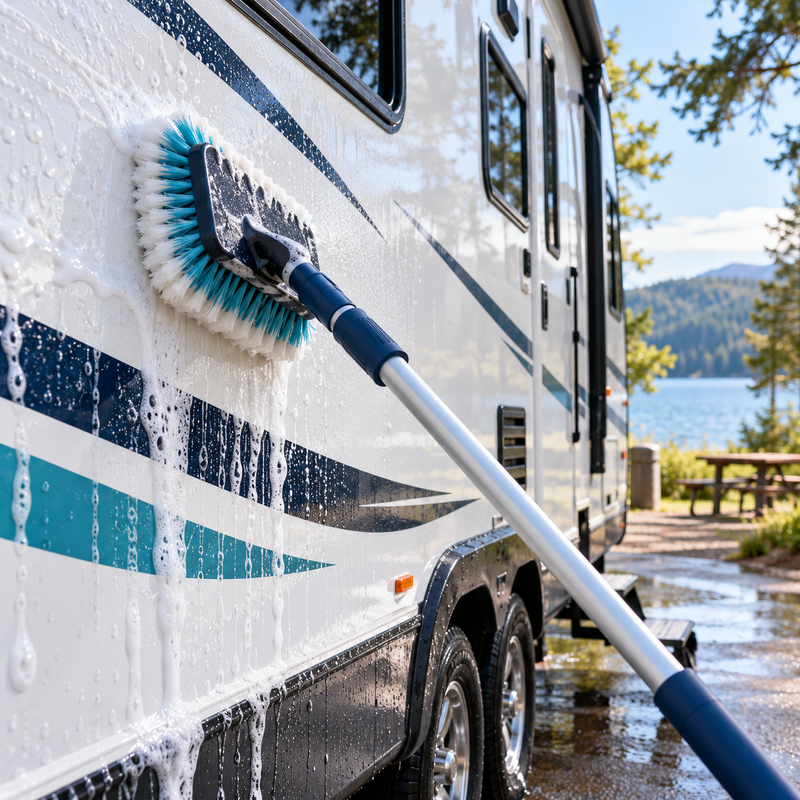 White RV exterior being washed with a soft cleaning brush