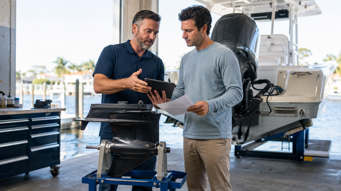 Marine technician and boat owner reviewing outboard lower unit replacement costs beside a boat in a service workshop