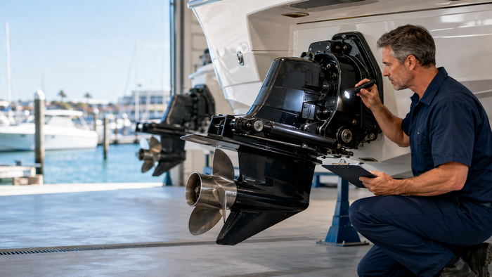 Marine technician identifying an Alpha One Gen I sterndrive before replacement