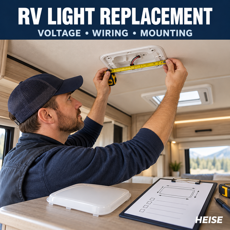 Modern camper interior with warm LED ceiling and accent lighting, with HEISE and RV Interior LED Lights text.