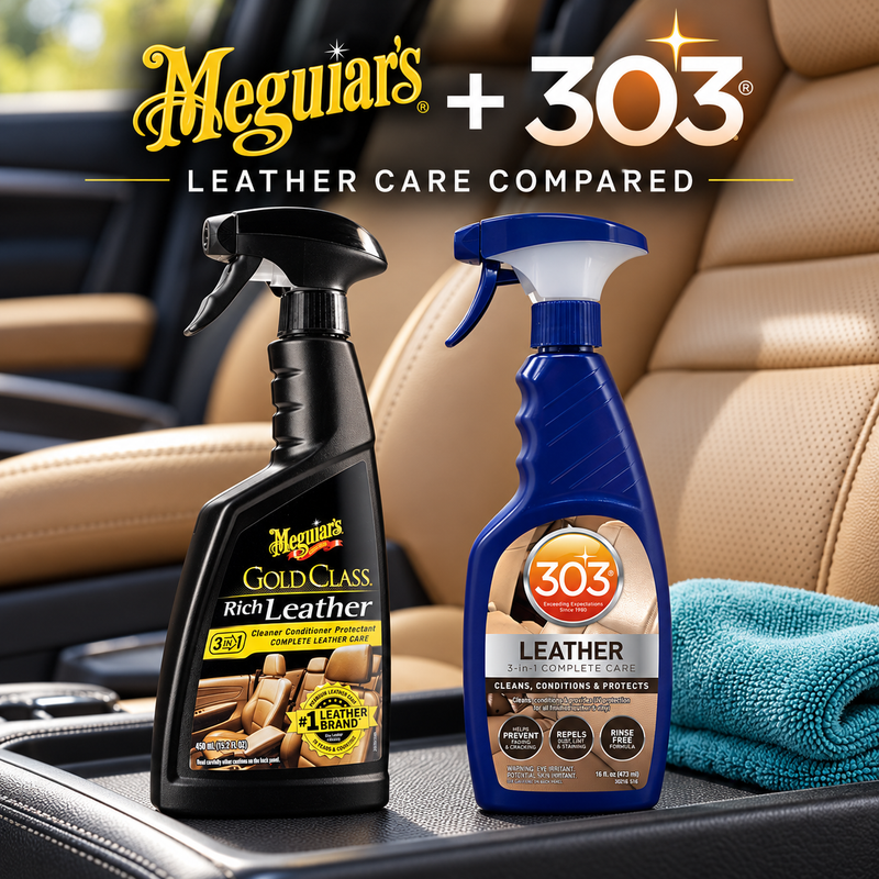 RV upholstery and vinyl samples beside 303 Aerospace Protectant for a material compatibility comparison