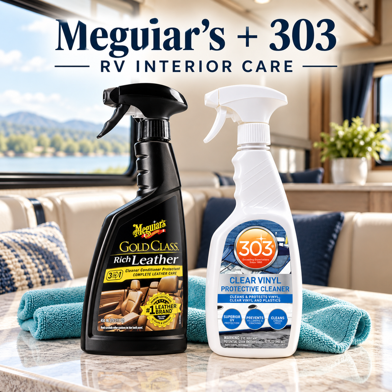 Leather automotive seat with a microfiber cloth and Meguiar’s and 303 leather care supplies