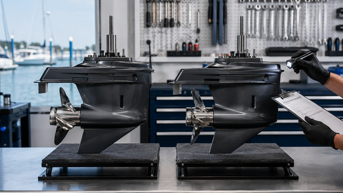 Two outboard lower units displayed side by side for a new versus remanufactured gearcase comparison in a marine workshop