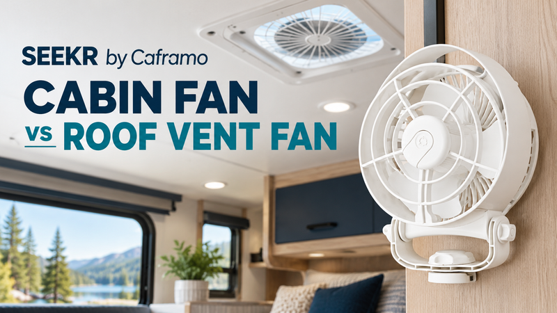 White SEEKR by Caframo Sirocco II fan and black Caframo True North electric heater displayed separately in a studio