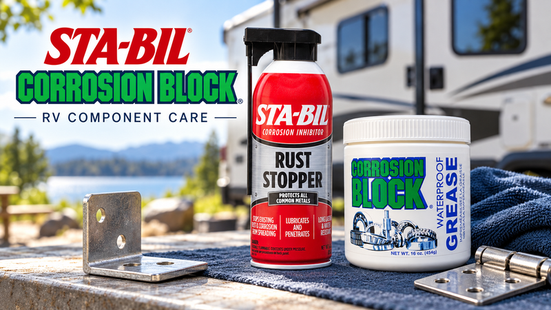 STA-BIL Rust Stopper and Corrosion Block waterproof grease beside metal hardware and a parked RV