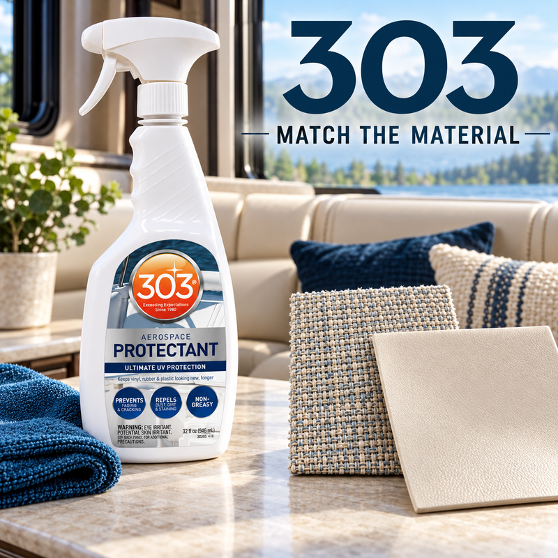RV interior seating and cabin surfaces with Meguiar’s and 303 cleaning supplies