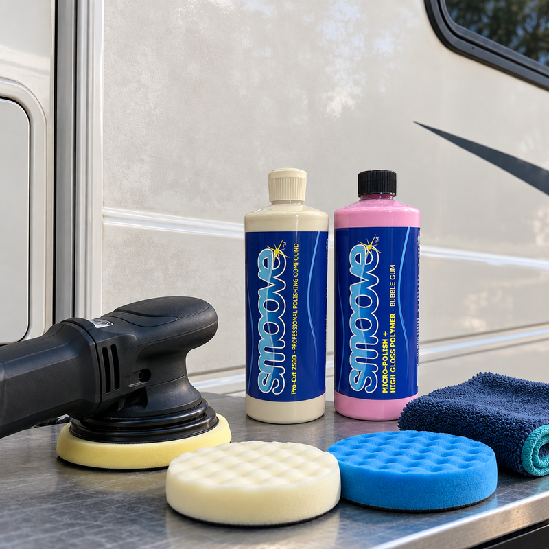 Smoove Pro-Cut 2500 and Bubble Gum bottles with polishing tools beside an RV