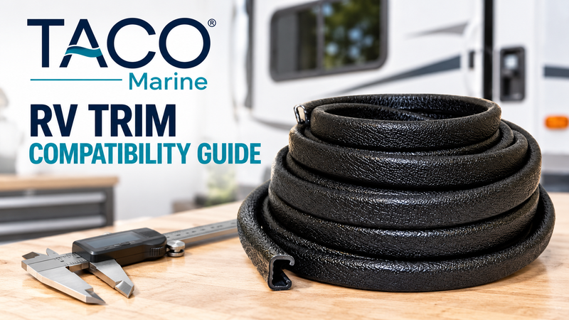 SEM seam sealer cartridge and a separate roll of black foam hatch tape on an RV maintenance workbench