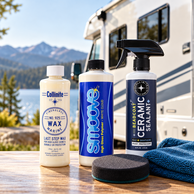 Collinite 925 wax, Smoove White Cloud polymer and Collinite Beadcoat ceramic sealant bottles beside an RV