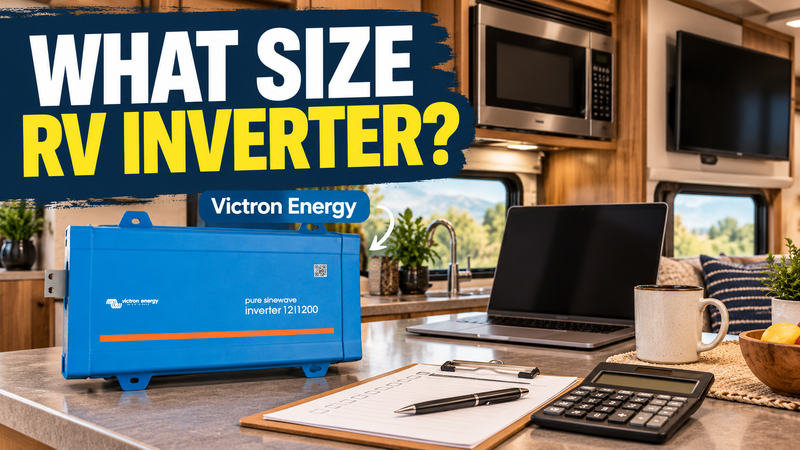 Blue Victron Energy pure sine wave inverter beside electrical test instruments, with Pure Sine vs Modified Sine text.