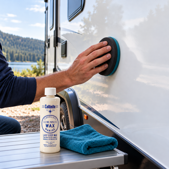 Collinite No. 925 wax bottle beside an RV being waxed with a foam applicator