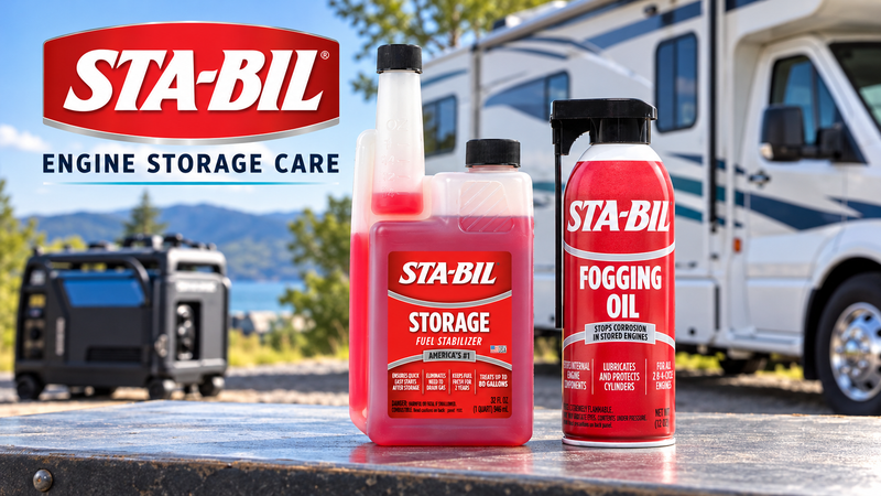 STA-BIL Storage and Diesel fuel stabilizer bottles on a maintenance bench beside a motorhome