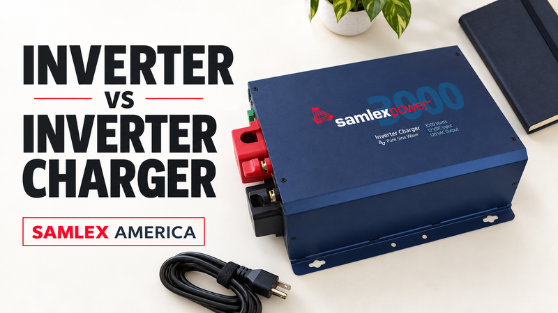 Teal Mastervolt CombiMaster inverter charger on a camper counter overlooking the coast, with RV inverter charger buying guide text.