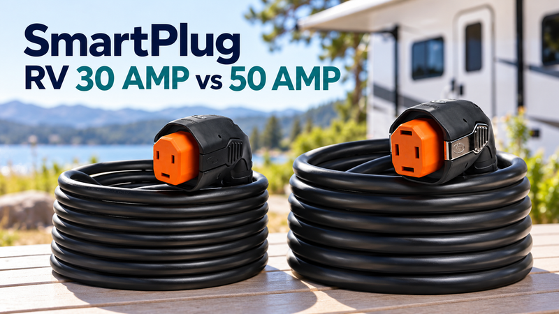 SmartPlug 30-amp and 50-amp coiled RV cordsets with orange connector faces displayed beside a camper