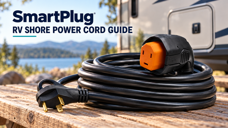 Coiled SmartPlug RV shore power cord with an orange-faced angled connector and disconnected male plug on a campsite bench