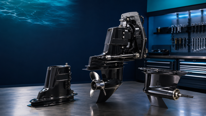  Complete Alpha One Gen I-style sterndrive beside separate upper and lower assemblies in a clean marine workshop