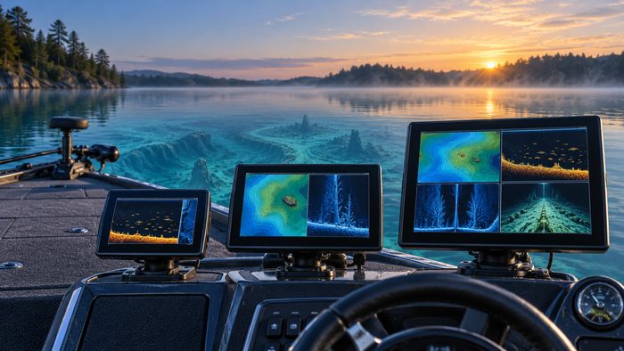 Humminbird fish finder family comparison showing three display sizes with sonar and mapping views on a bass boat