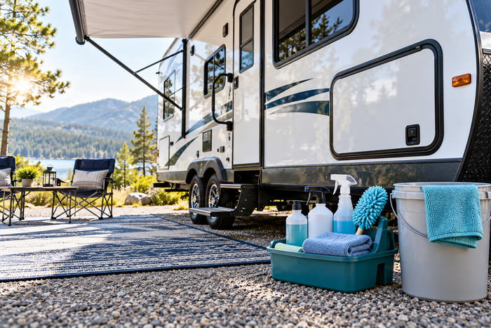 RV cleaning bottles, microfiber towels, soft brush and bucket beside a clean white travel trailer.