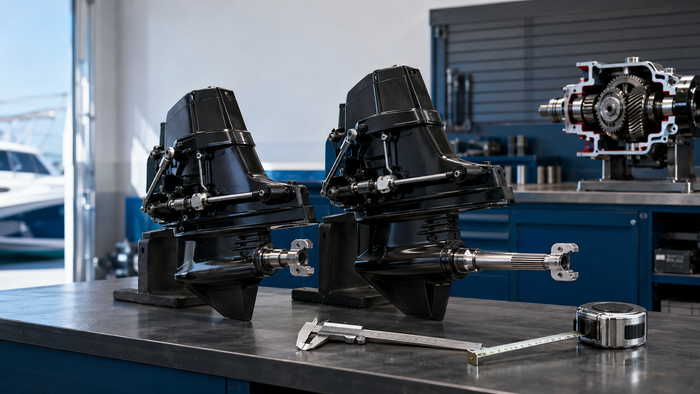 Short and new-style Alpha One Gen I-style input-yoke configurations displayed side by side in a marine workshop