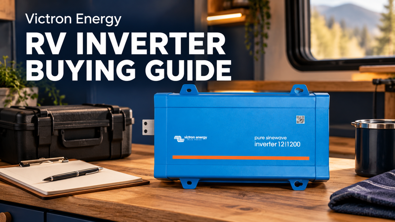 Blue Victron Energy inverter beside a closed case and planning clipboard, with RV Inverter Buying Guide text.