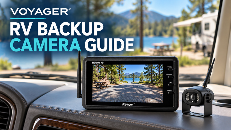 Voyager WiSight 2.0 monitor and wireless camera on an RV dashboard, with a campsite view on the screen and RV Backup Camera Guide text.
